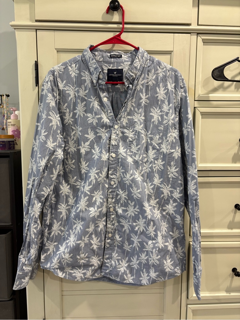 American Eagle Outfitters Light Blue Palm-Print Button-Down Shirt